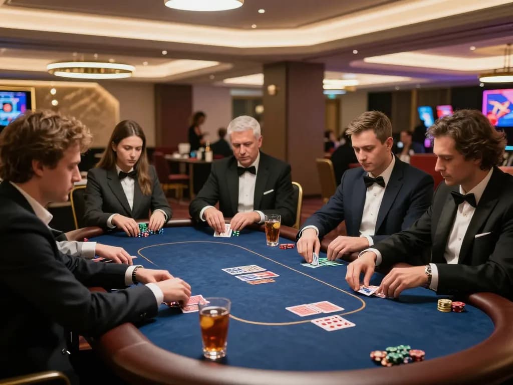 Engaged players enjoying a high-stakes poker game at O8's elegant VIP gaming area