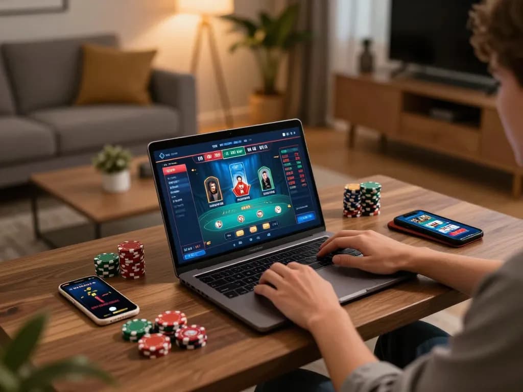 Bong88 gaming session on a laptop at home, featuring interactive casino gameplay and stylish decor.