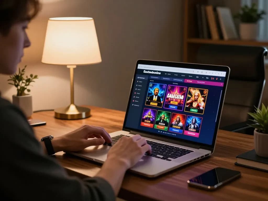 Engaged user playing danhlodeonline games on a stylish laptop, showcasing a vibrant gaming interface.