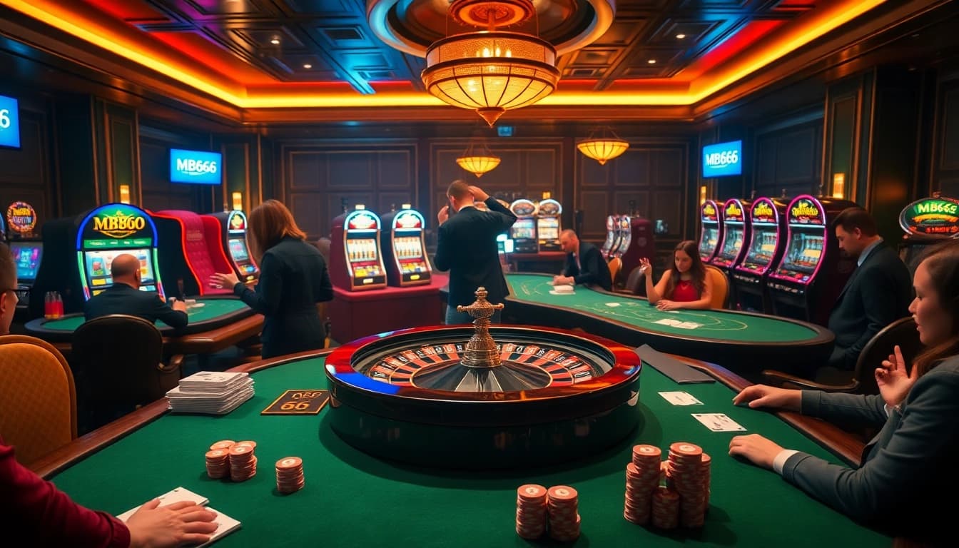Experience the thrill of betting at MB66 with a vibrant casino scene featuring roulette, poker, and slot machines.