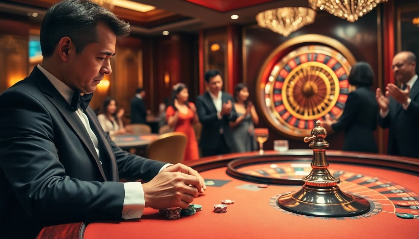 Engaged players at a luxurious casino explore nha cai uy tin while enjoying poker and roulette games.