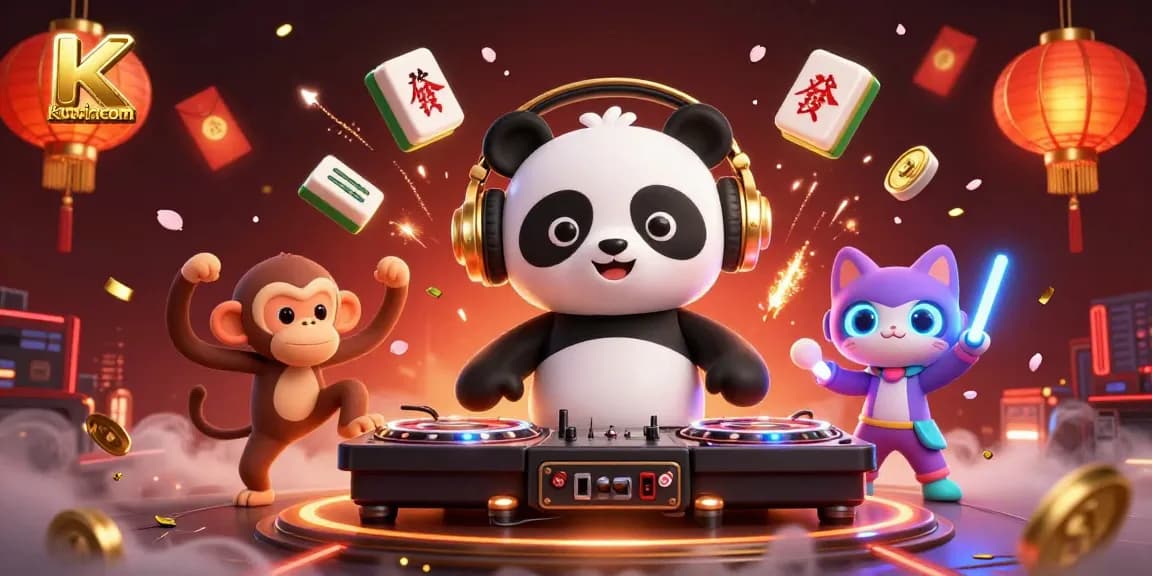 Kuwincom showcases thrilling gambling excitement with a vibrant DJ panda and breakdancing monkey.