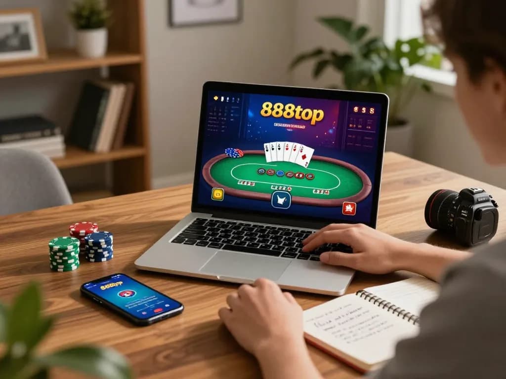 Engaging in online poker gameplay at 888top with laptop and smartphone displayed.