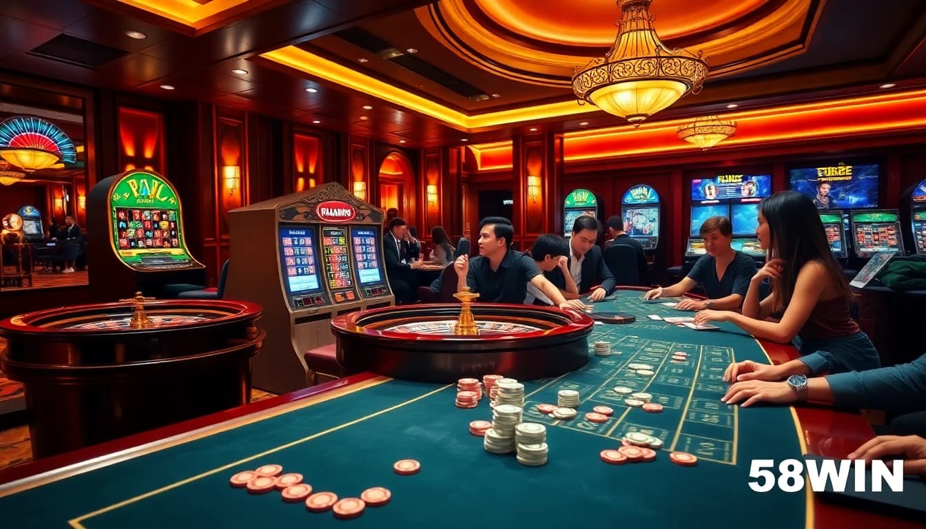 Engaged gamblers enjoying the casino experience at nhà cái 58WIN with vibrant slot machines.