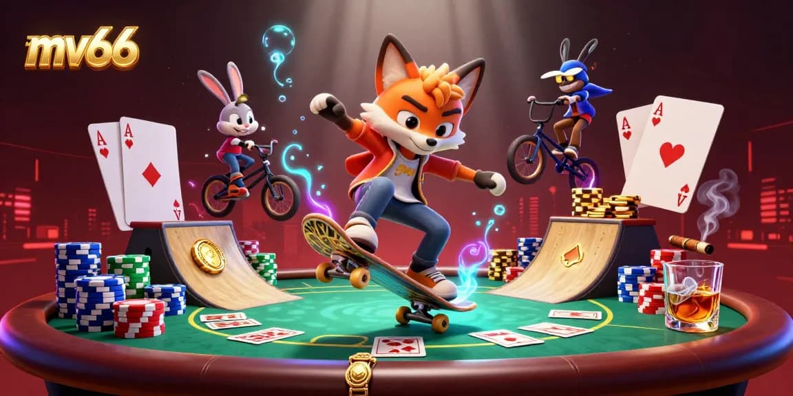 Engage with mv66 in a vibrant casino scene featuring a skateboarder fox and BMX rabbit amidst poker action.