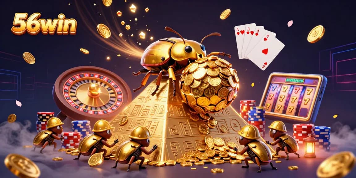 Engage with 56win's thrilling casino universe through intricate betting decor in a vibrant scene.