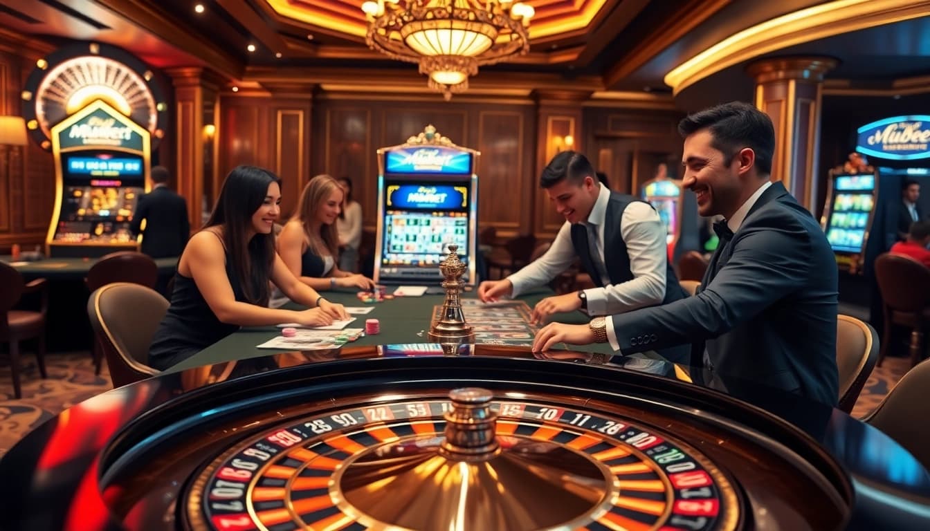 Mubet players enjoying the thrill of betting at a glamorous roulette table in a luxury casino.