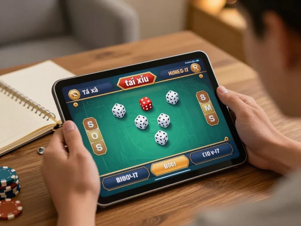 Player engaging in a thrilling tài xỉu online game on a tablet at home, showcasing responsible gambling.