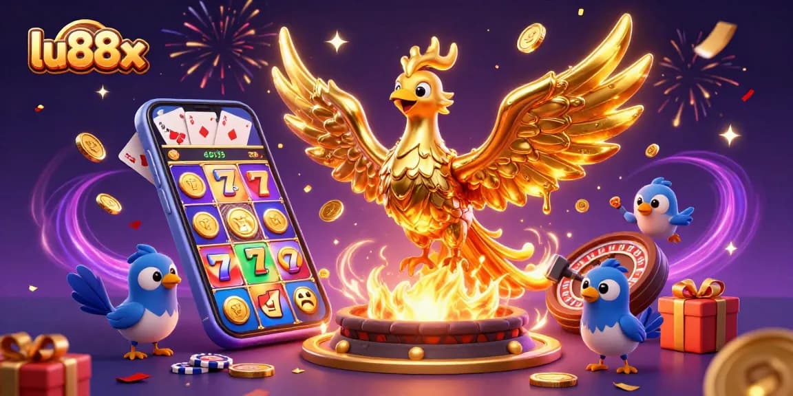 Spin and win with lu88x's vibrant slot and casino games featuring a golden phoenix and festive elements.