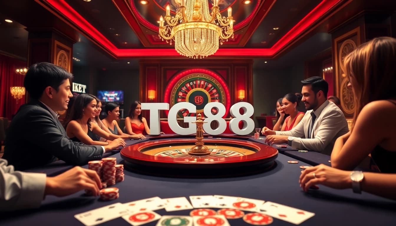TG88 casino scene featuring elegant poker chips and a roulette wheel, radiating luxury and excitement.
