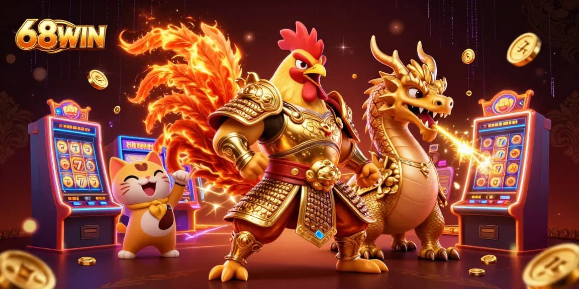 Spin the reels at 68WIN with a fierce rooster warrior, bringing luck to players!