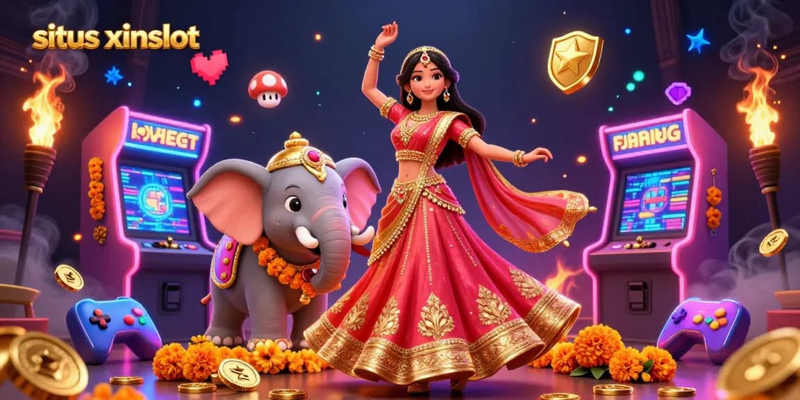 Situs xinslot offers an engaging experience with vibrant casino elements, featuring a beautiful woman and a gold elephant.