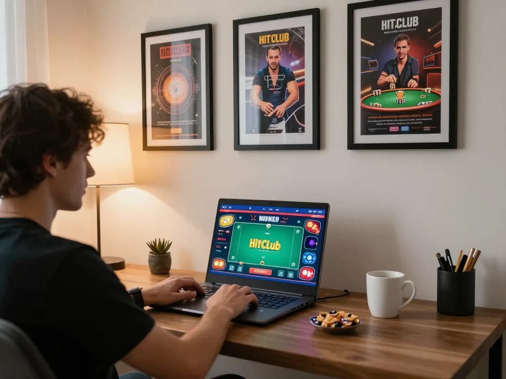 Engaging gameplay experience at Hitclub with person using a laptop for online poker in a cozy home setting.
