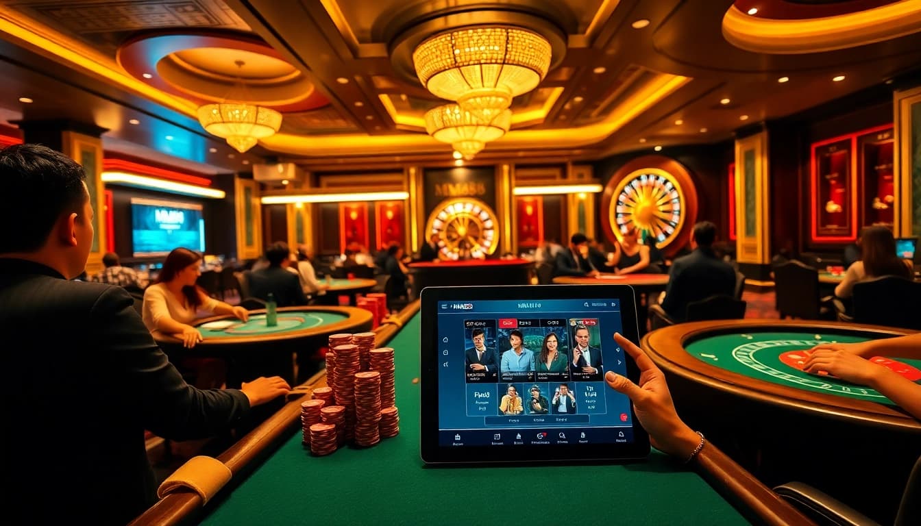 Experience thrilling gambling action with Link vào Mm88 at a vibrant casino scene featuring players and tables.