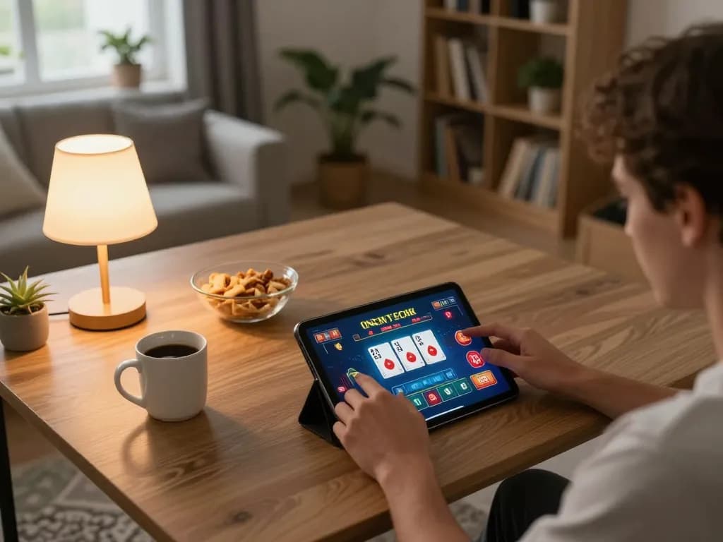 Engaging in online gaming with the Link vào Tic88 app on a tablet in a comfy home environment