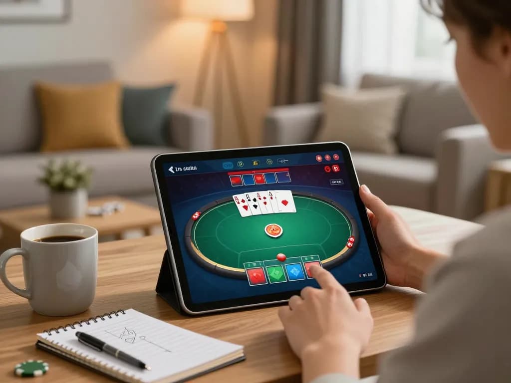 Experience RR88 online with a player focusing on a poker game interface in a cozy home setting.