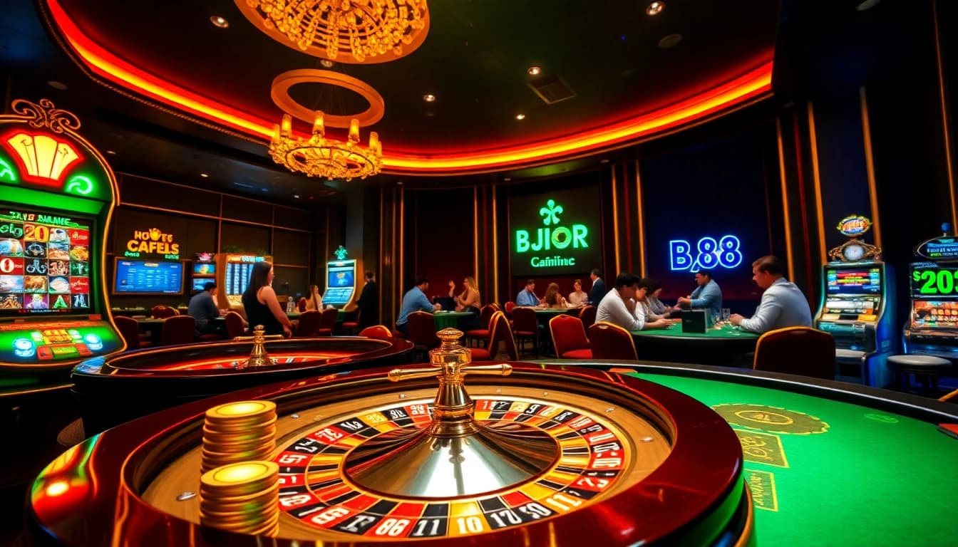 Engaging casino scene at https://bj88h.org/ showcasing excitement with poker, roulette, and slot machines.