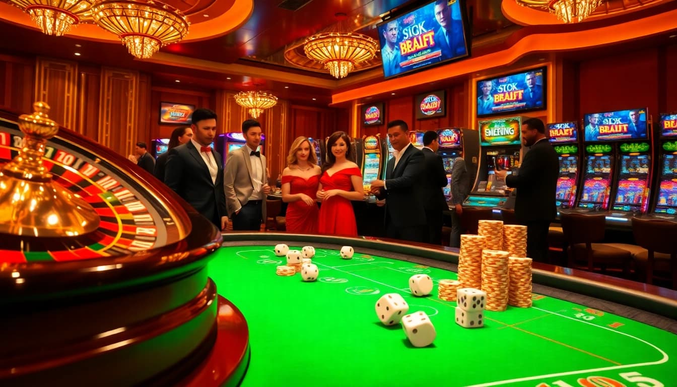 Players engage in high-stakes gaming at a luxurious casino, featuring "newphim" movie trailers in the background.