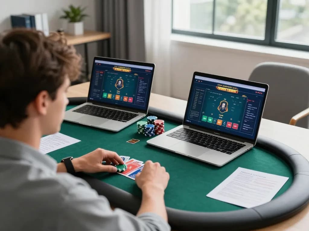 VA88 poker game strategy in a modern home office with focused player and betting notes.