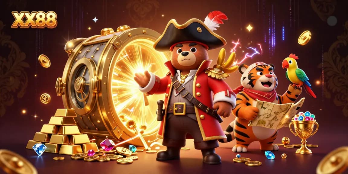 Engage with an exciting XX88 casino scene, featuring golden treasures and vibrant characters in action!