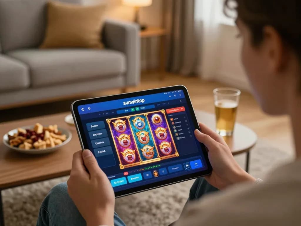Player enjoying the sunwintop casino app on a tablet, highlighting mobile gambling's strategic fun.