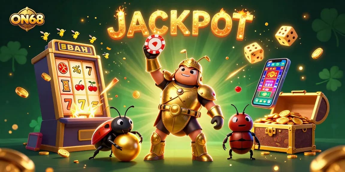 Celebrate your jackpot win with ON68's vibrant 3D cartoon illustration of victory amidst dynamic casino gaming elements.