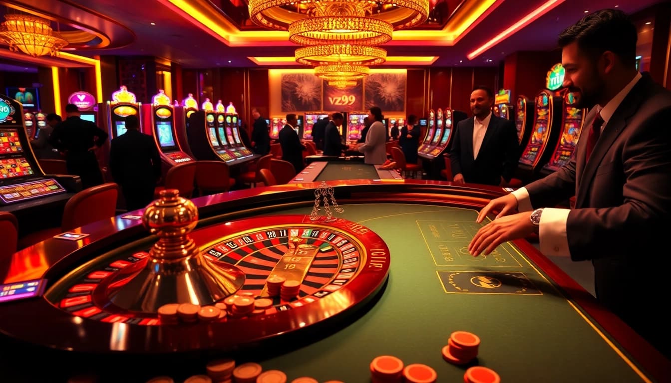 Experience the thrill of the vz99 casino with vibrant roulette tables and eager gamblers.