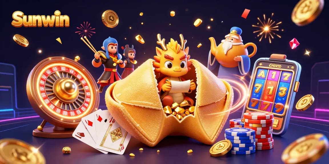 Win big with Sunwin's vibrant casino-themed illustration, showcasing fortune cookies and gold.