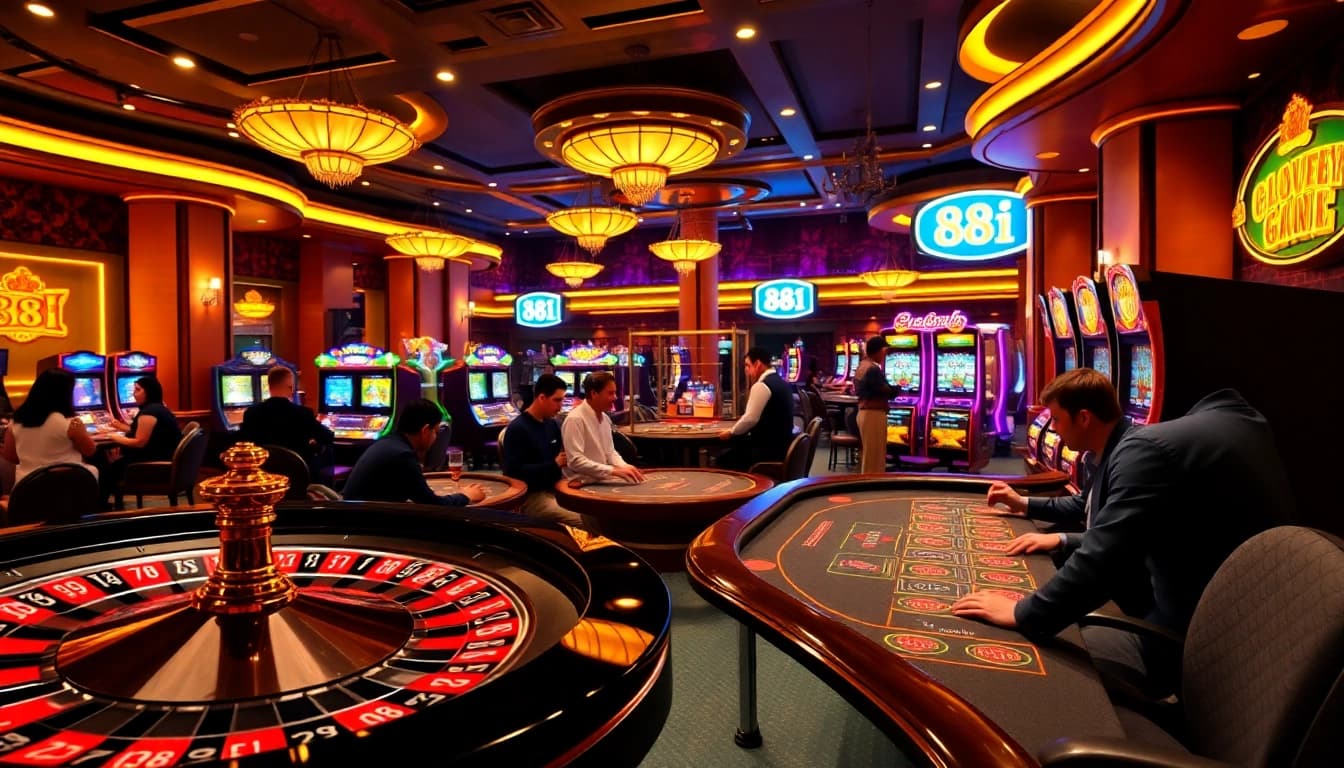 Exciting casino scene showcasing players at 88I poker and roulette tables.