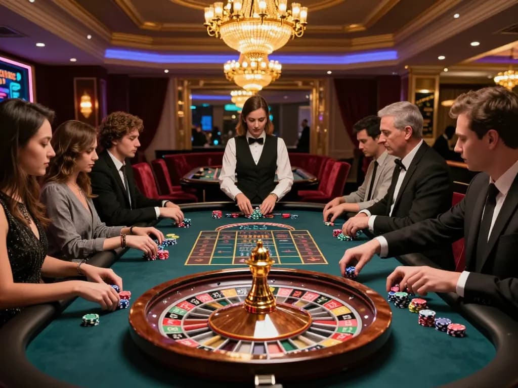S666 roulette table in a luxurious casino theatre, players engaged in strategic betting.