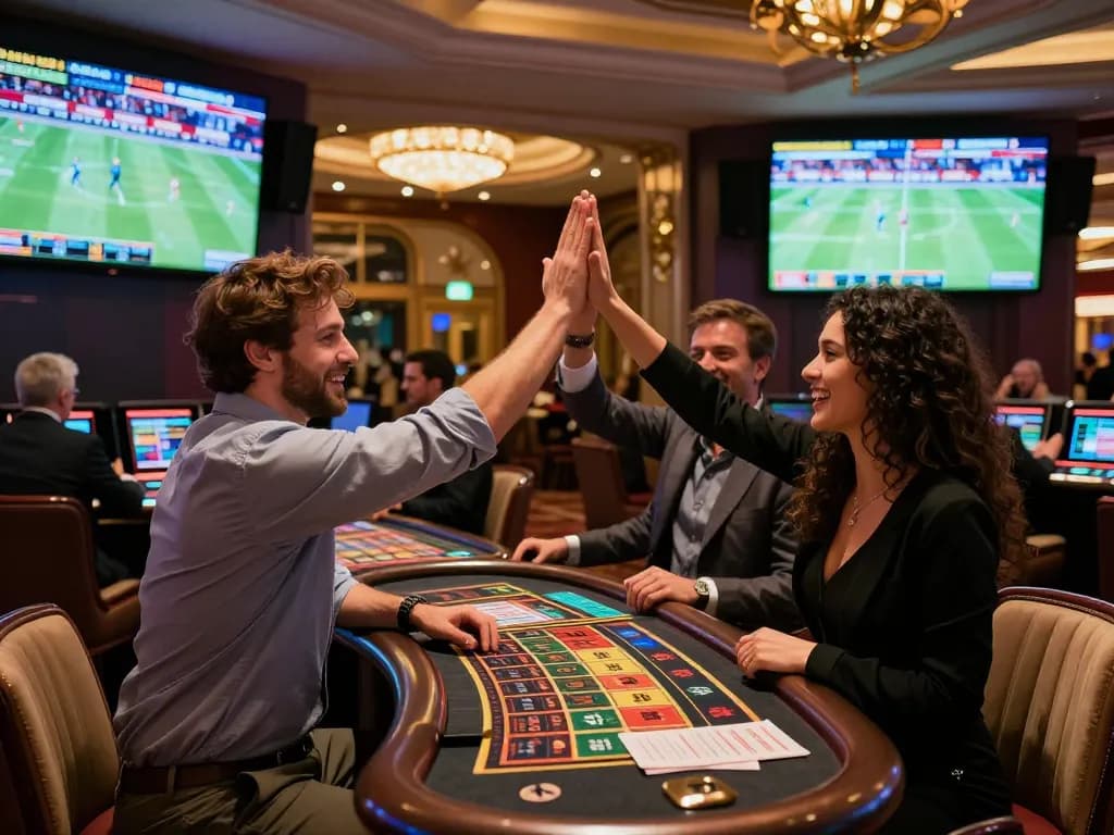 MM88 sports betting excitement with friends celebrating and placing bets in a luxurious casino setting.