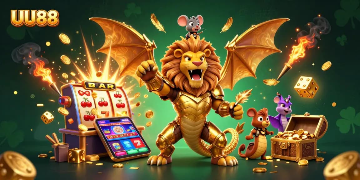 Experience the thrilling atmosphere of UU88 casino with a dynamic chimera, jackpot slots, and vibrant game elements.