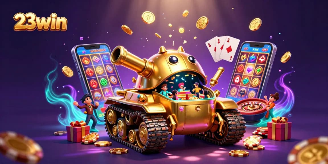 Experience 23win with a 3D casino scene filled with games, gold coins, and excitement.