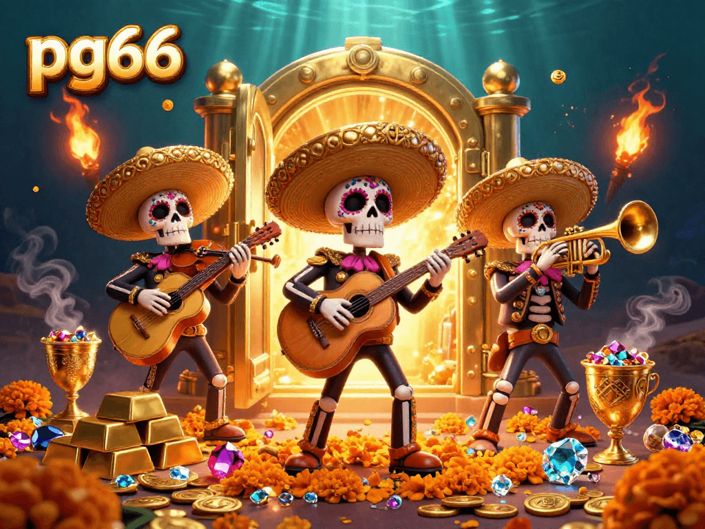 Experience thrilling wins at pg66 with a vibrant mariachi band illustration coupled with treasure elements.