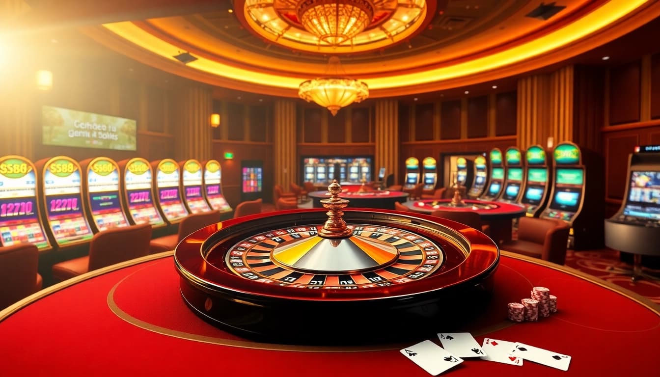 Experience the excitement of casino gaming at sc88.today, featuring vibrant roulette tables and slot machines.