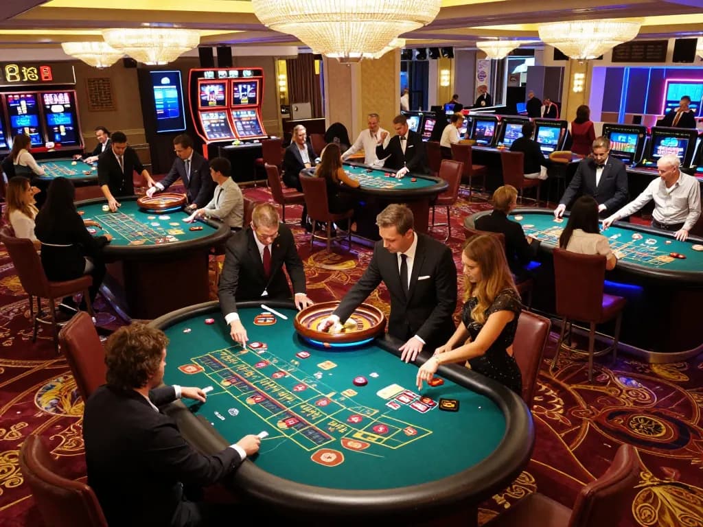 A thrilling moment at 58win casino with players actively betting at roulette tables under vibrant lights