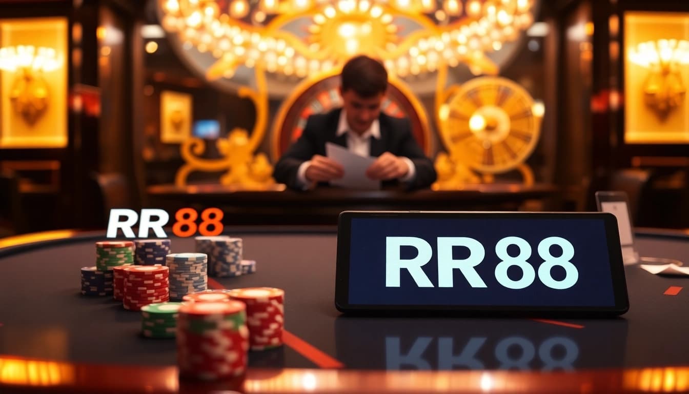 Engaging RR88 casino scene with a vibrant poker table and dealer at work.