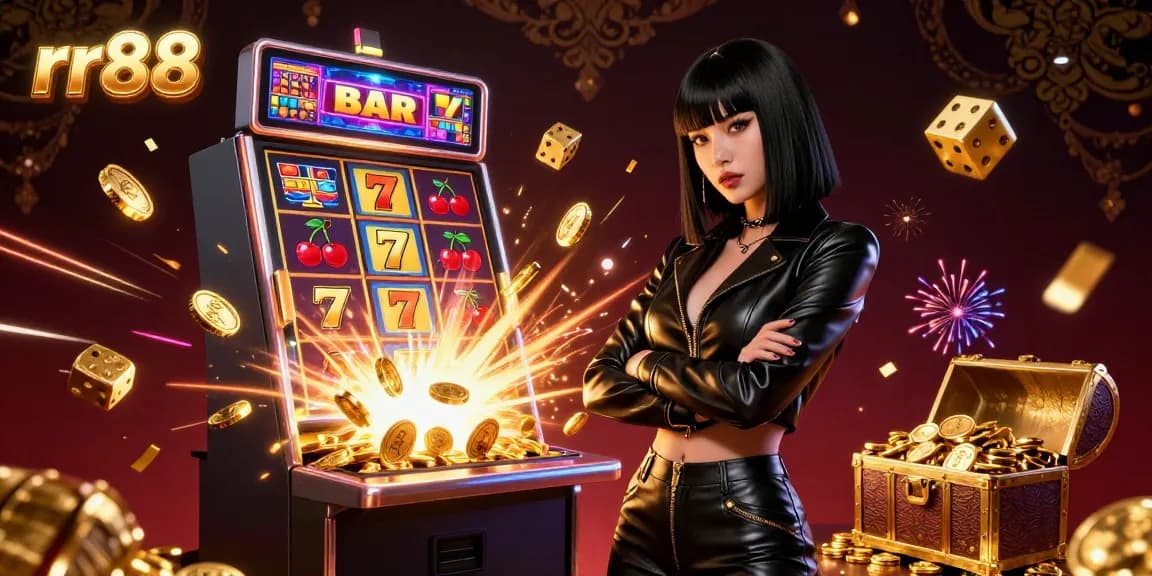 Spin to win with rr88 at an ultra-detailed online casino, featuring vibrant slot games and lively elements.