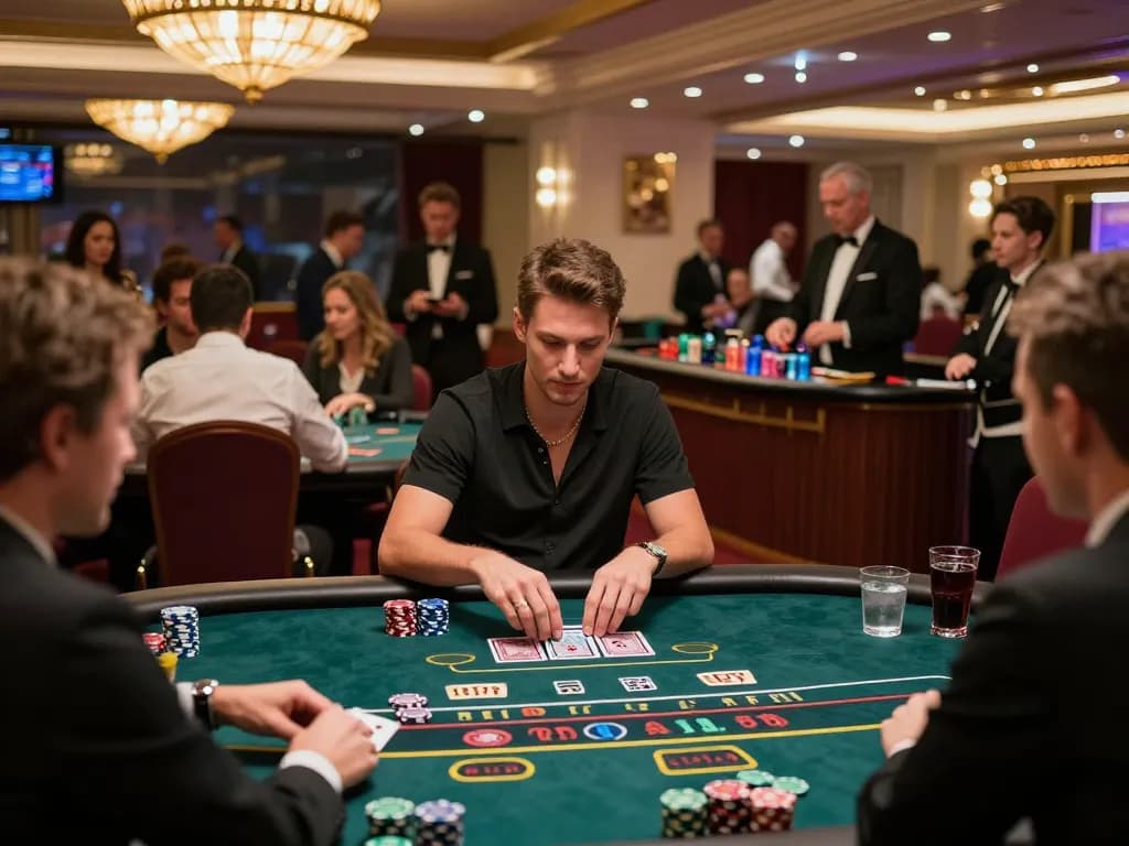 A player engaging in a high-stakes blackjack game at MM88 casino, showcasing strategic gameplay and the vibrant casino atmosphere.