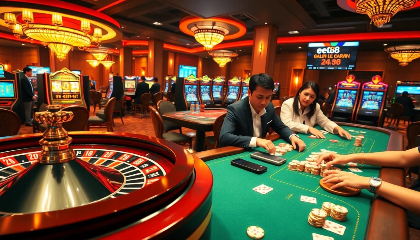 Players enjoying high-stakes games at ee88 casino with vibrant roulette and slot machines.