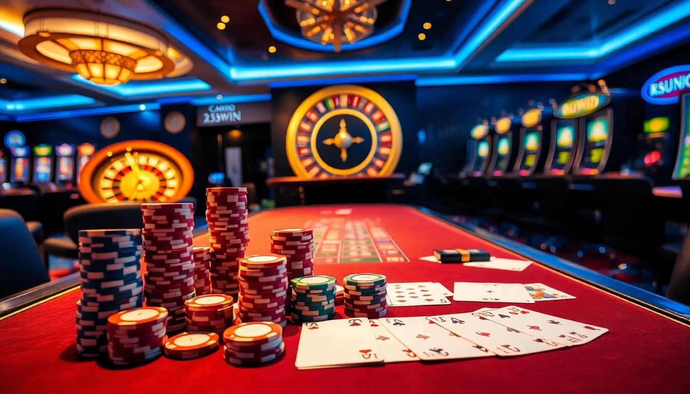 Engaging scene of a casino table with poker chips and cards representing Nhà cái 23win in a luxurious setting.