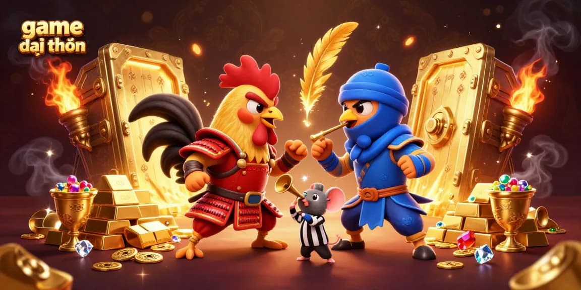 Compete in game đổi thưởng with stunning roosters in combat, treasure bursting around them.