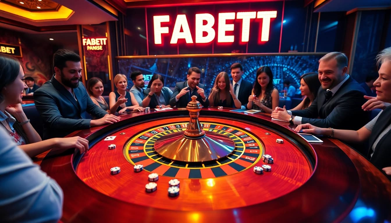FABET branding at an exciting casino scene with players enjoying roulette and poker.
