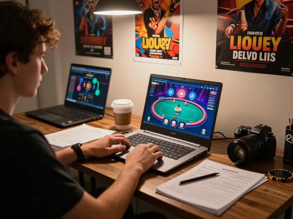 Engaging in online poker strategy on Lv 88 with a vibrant gaming setup and notes.