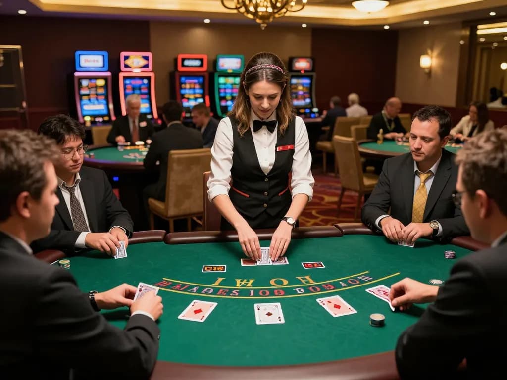 Players enjoying a strategic game of blackjack at Hi88 Casino with cards and chips on the table.