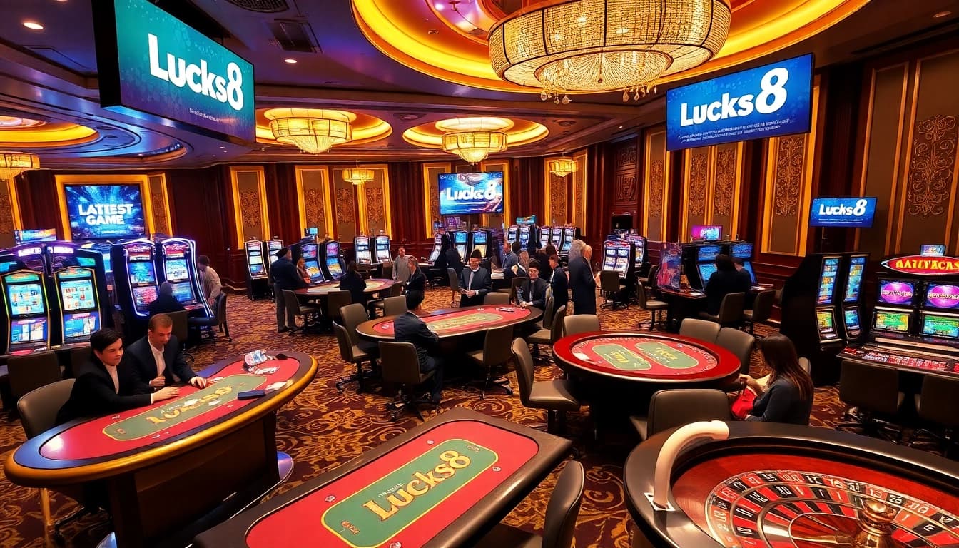 Experience exciting gameplay at Luck8 casino with vibrant slot machines and card tables.