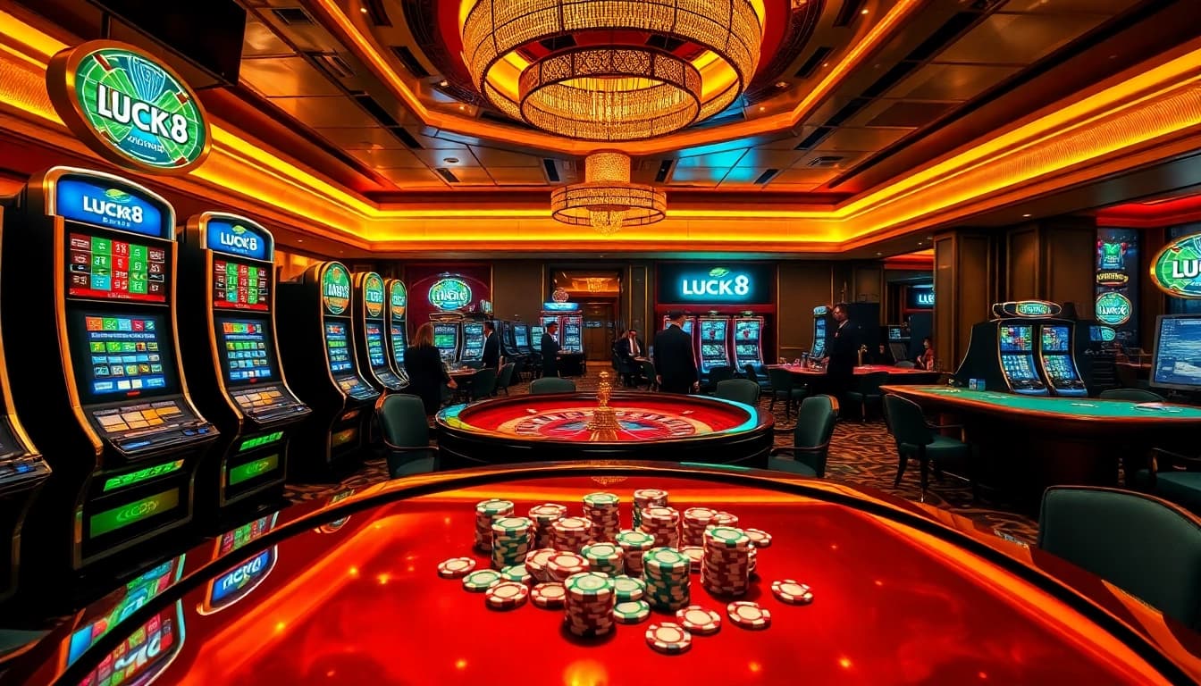 LUCK8 casino scene featuring slot machines and vibrant gaming tables.