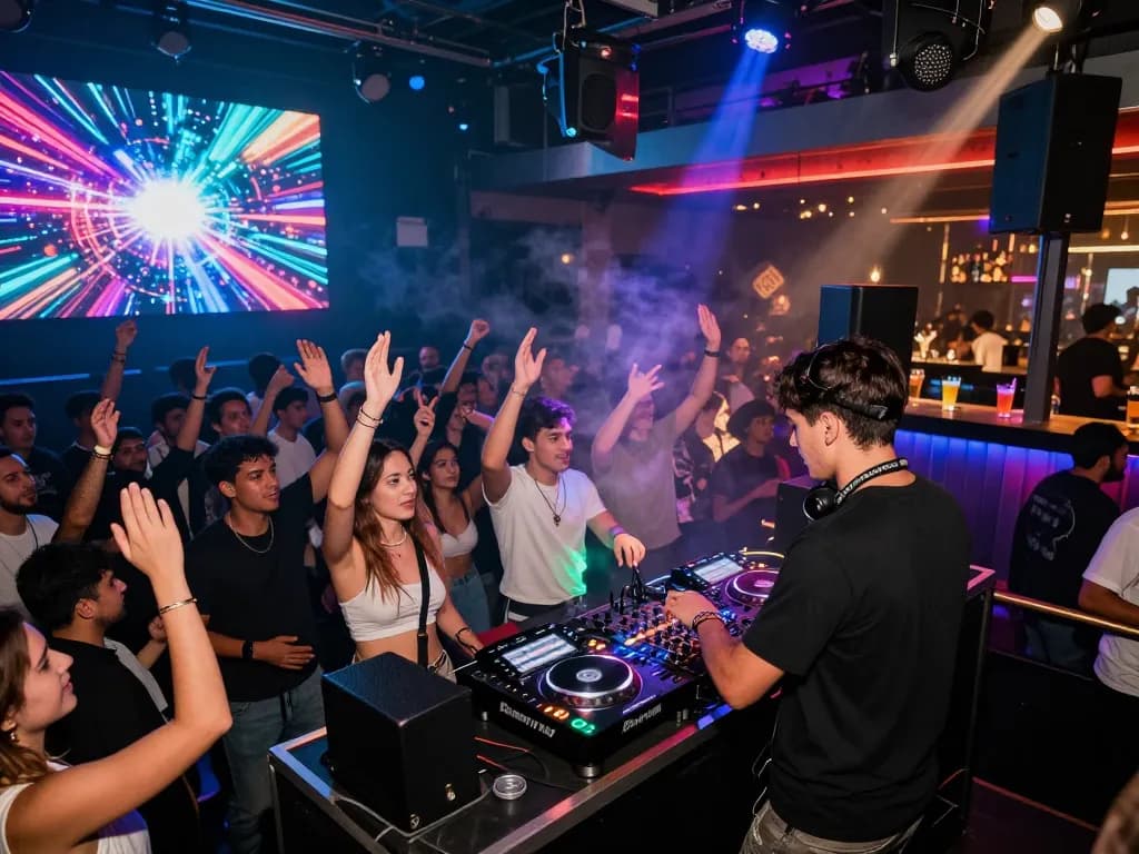 8Day electronic music event featuring DJ performance with vibrant lights and active crowd.