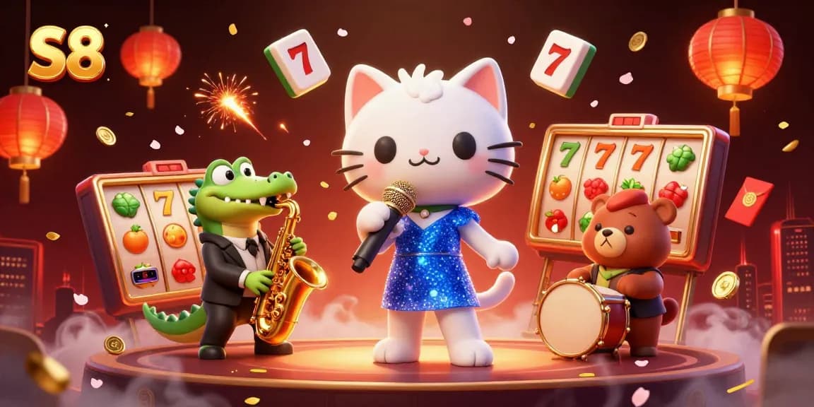 Engage with S8’s vibrant casino scene featuring jazz-singer cat, sax-playing crocodile, and drum bear.