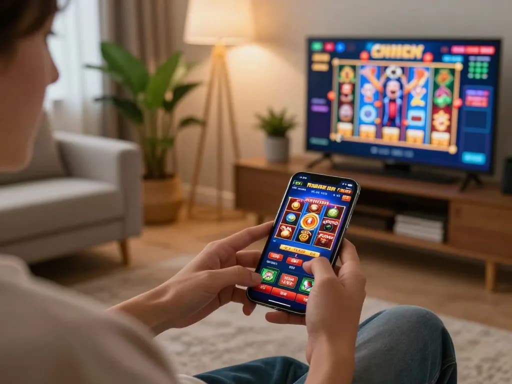 Player enjoys thrilling slots on mobile app vuabet88i, celebrating a win in cozy home setting
